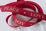 Red rustic-look Christmas ribbon featuring metallic festive words and star motifs.