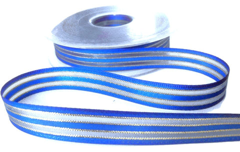 15mm width royal blue satin, sheer and thin metallic gold striped ribbon. Buy per metre, cut to length. Ribbonmoon huge online Berisfords Ribbons range.