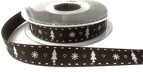 15mm Charcoal Festive Print Rustic Taffeta Ribbon, Berisfords