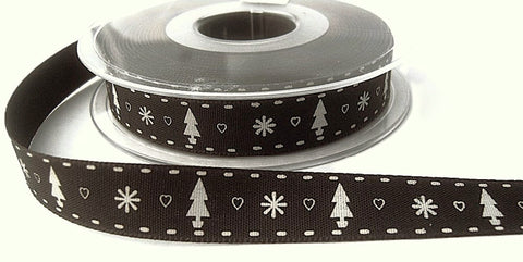 15mm Charcoal Festive Print Rustic Taffeta Ribbon, Berisfords