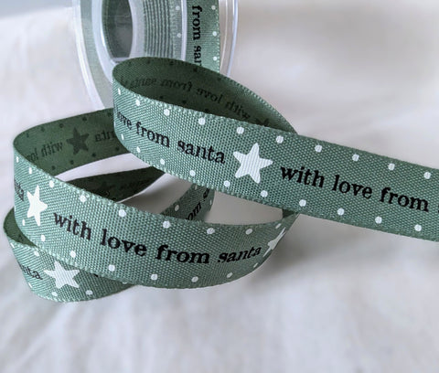 R8718C 15mm Green Rustic Taffeta Christmas Print Ribbon by Berisfords