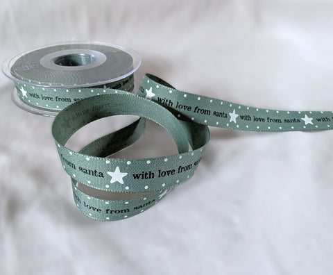R8718 15mm Green Rustic Taffeta Christmas Print Ribbon by Berisfords