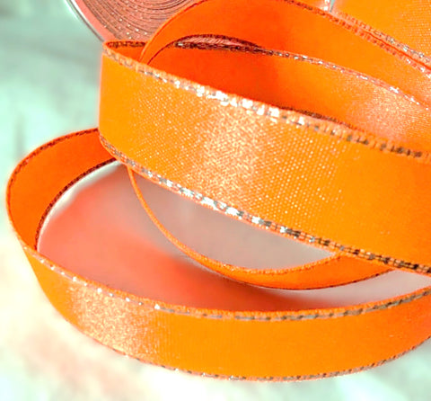 15mm Fluorescent Orange Double Face Satin Ribbon, Metallic Silver Edge