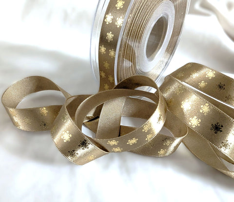 15mm Straw & Metallic Gold Festive Polka Flake Print Satin Ribbon