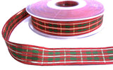 15mm Scarlet Berry & Green Tartan Ribbon with Metallic Gold Stripes