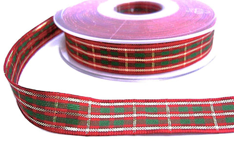 15mm Scarlet Berry & Green Tartan Ribbon with Metallic Gold Stripes