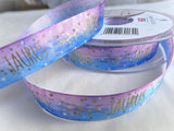 Berisfords 15mm Taurus zodiac sign printed taffeta ribbon in blue, lilac and metallic gold with constellation design