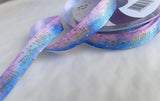 Blue, lilac & metallic gold Taurus star sign ribbon by Berisfords, 15mm wide printed taffeta for crafts and gift wrapping