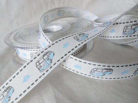 R6600 15mm Natural, Blue and Grey  VW Campervan Printed Ribbon