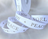 15mm White JOY PEACE LOVE NOEL Print Rustic Taffeta Ribbon | Berisfords