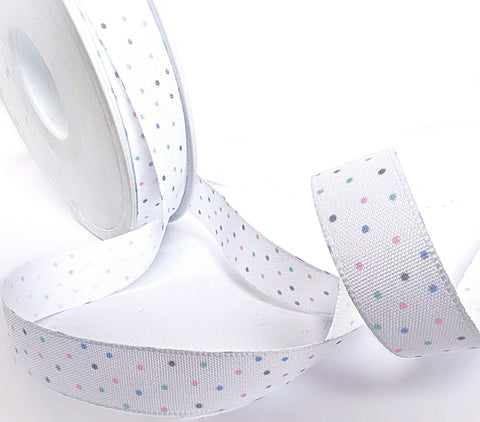 15mm White & Multi Spotty Polka Print Rustic Taffeta Ribbon