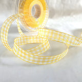 Yellow and white 15mm super sheer gingham ribbon with lightweight translucent check pattern.