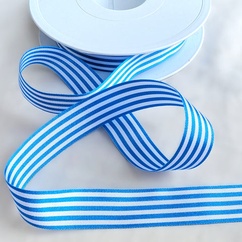 16mm Peacock Blue & White Stripe Soft Touch Taffeta Ribbon | Berisfords