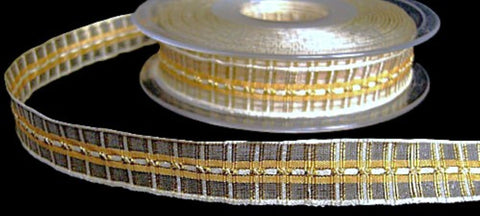 16mm Cream, Honey & Metallic Gold Woven Tartan Ribbon - Berisfords