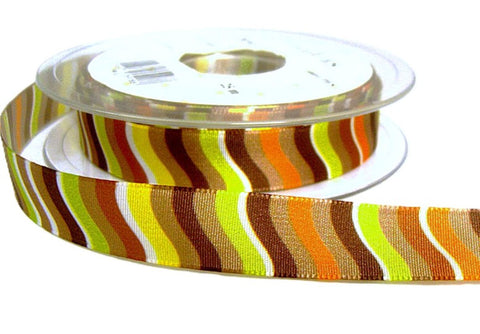 16mm Browns & Multi Wavy Stripe Taffeta Ribbon Wired Edge | Berisfords