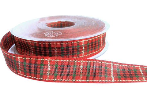 16mm rust, green and back tartan ribbon with metallic gold stripes.