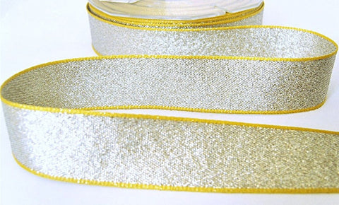 23mm Metallic Silver Textured Lame Ribbon with Yellow Borders