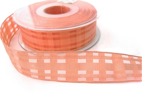 25mm Apricot Grosgrain & Sheer Check Wire Edge Ribbon | Berisfords
