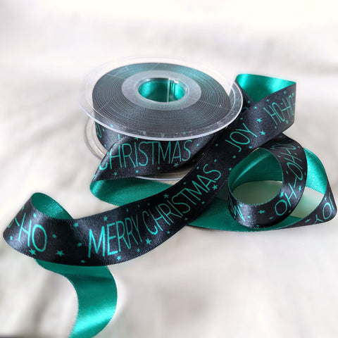 R9472 25mm Green-Black Satin MERRY CHRISTMAS Ribbon, Berisfords