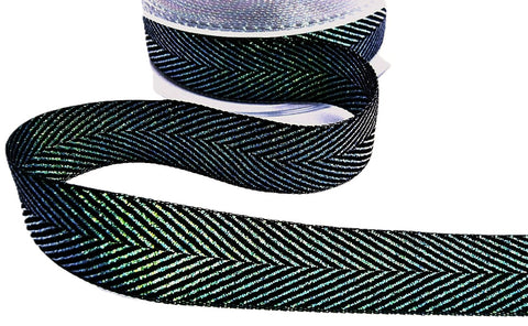 25mm black polyester ribbon with iridescent metallic herringbone stripes - Berisfords Ribbons