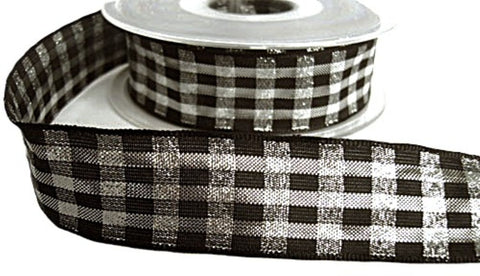 25mm Metallic Black & Silver Wire Edge Check Ribbon - Berisfords