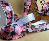 25mm Black-Pink-Green Flower Print Satin Ribbon by Berisfords