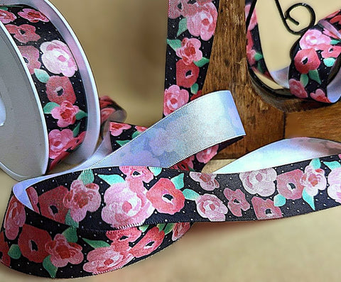 25mm Black-Pink-Green Flower Print Satin Ribbon by Berisfords