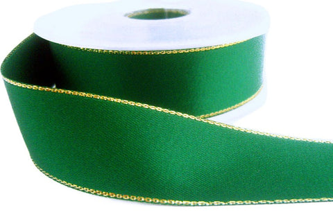 25mm Bottle Green Satin Ribbon with Gold Metallic Edge | Berisfords 24