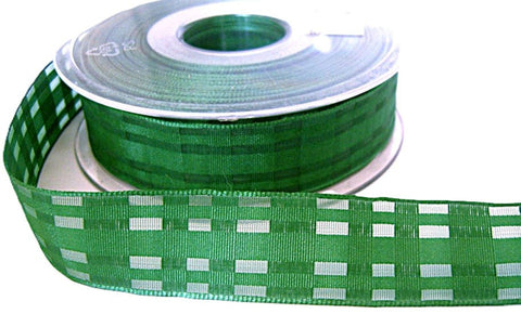 25mm Bottle Green Grosgrain & Sheer Check Wire Edge Ribbon | Berisfords