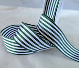 Striped soft touch taffeta ribbon. 2.5cm width, bottle green & white. Berisfords Ribbons, huge online range. Buy per metre with quantity length & full roll discounts. Ribbonmoon UK Shop.