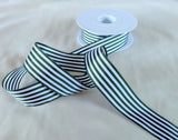 Striped soft touch taffeta ribbon. 2.5cm width, bottle green & white. Berisfords Ribbons, huge online range. Buy per metre with quantity length & full roll discounts. Ribbonmoon UK Shop.