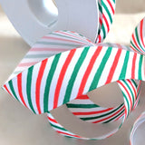 2.5cm wide Christmas candy stripe rustic taffeta ribbon. white, red and green. Sold by the metre and cut to the length required. RIbbonmoon ribbons online UK shop.
