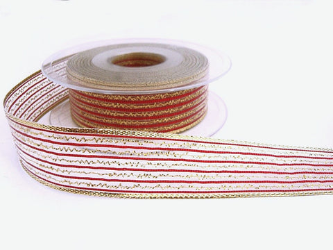25mm Sheer Ribbon with Cardinal Red & Metallic Gold Stripes