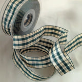 1"-inch width green and cream tartan plaid ribbon with thin gold metallic stripe. Wire edge.