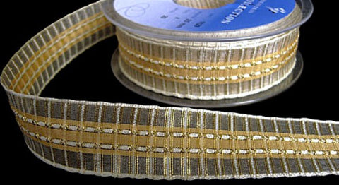 25mm Cream, Honey & Metallic Gold Woven Tartan Ribbon - Berisfords