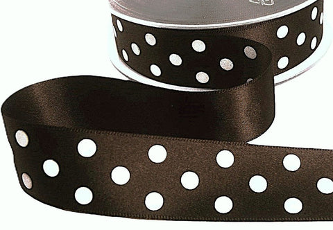 25mm Dark Brown & White Polka Dot Spot Satin Ribbon | Berisfords 25