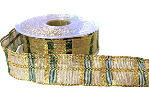 25mm Metallic Gold and Bottle Green Mesh Check Ribbon