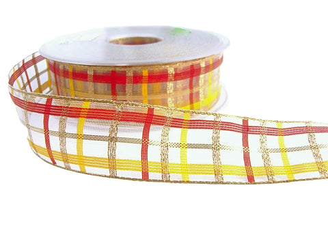 27mm metallic gold, yellow and red sheer check ribbon