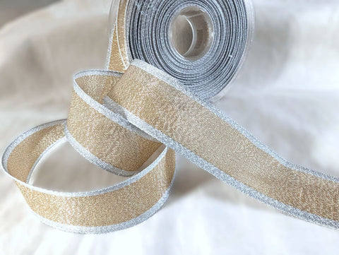 R0379 25mm Metallic Gold Sheer Ribbon with Silver Borders