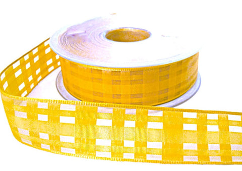 25mm Gold Grosgrain & Sheer Check Wire Edge Ribbon | Berisfords