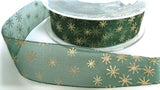25mm green organza ribbon with a metallic Christmas stars print.