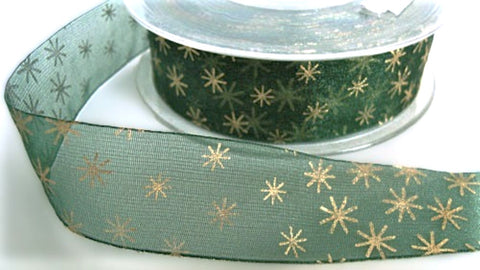 25mm green organza ribbon with a metallic Christmas stars print.