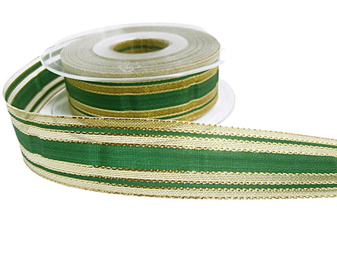 25mm green and metallic gold mesh striped ribbon 