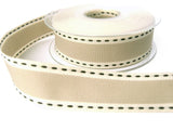 25mm woven beige ribbon with cream grosgrain edges and a vintage inspired black retro stitch.