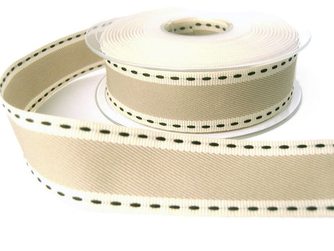 25mm woven beige ribbon with cream grosgrain edges and a vintage inspired black retro stitch.