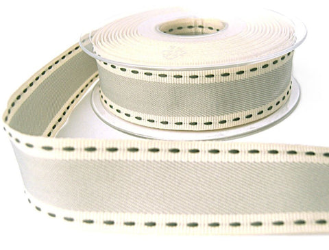 25mm woven grey ribbon with cream grosgrain edges and a vintage inspired black retro stitch.