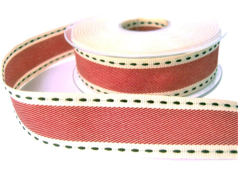 25mm woven red ribbon with cream grosgrain edges and a vintage inspired black retro stitch.
