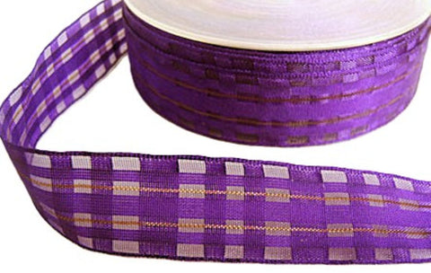23mm Purple Sheer Check Ribbon with Thin Metallic Stripes