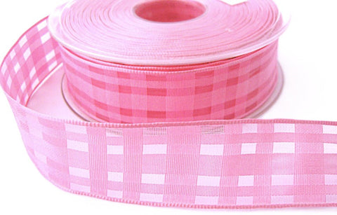 25mm Baby Pink Grosgrain & Sheer Check Wire Edge Ribbon | Berisfords