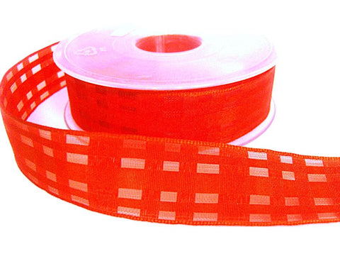 25mm Flame Grosgrain & Sheer Check Wire Edge Ribbon | Berisfords